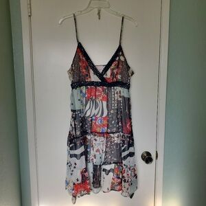 Romeo & Juliet Dark Floral Patchwork Tiered Skirt Empire Waist Dress Sz L Silk